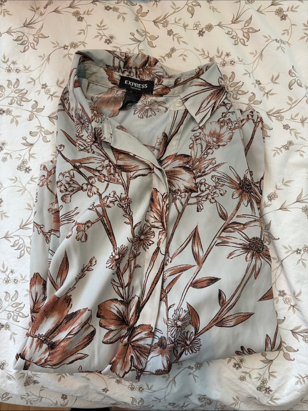 Express Floral Button-Down Shirt in Sage and Brown Botanical Print
